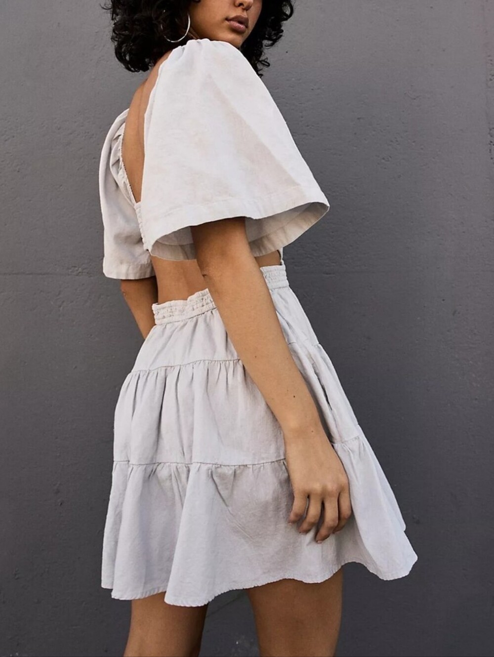 Free People Cross Of Sunlight Gray Linen Smocked Cut Out Tiered Mini Dress - Picture 2 of 12